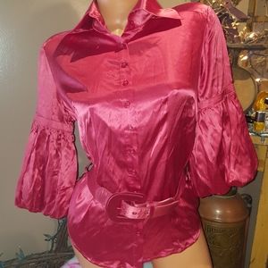 Bebe silk belted bell puff sleeve top blouse M
